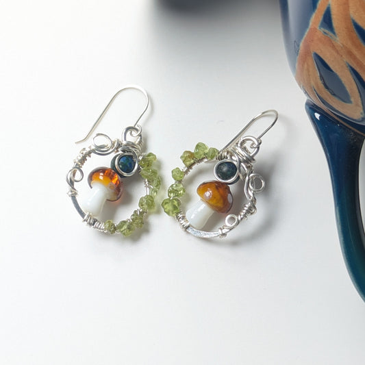 Silver Mushroom Earrings with Peridot