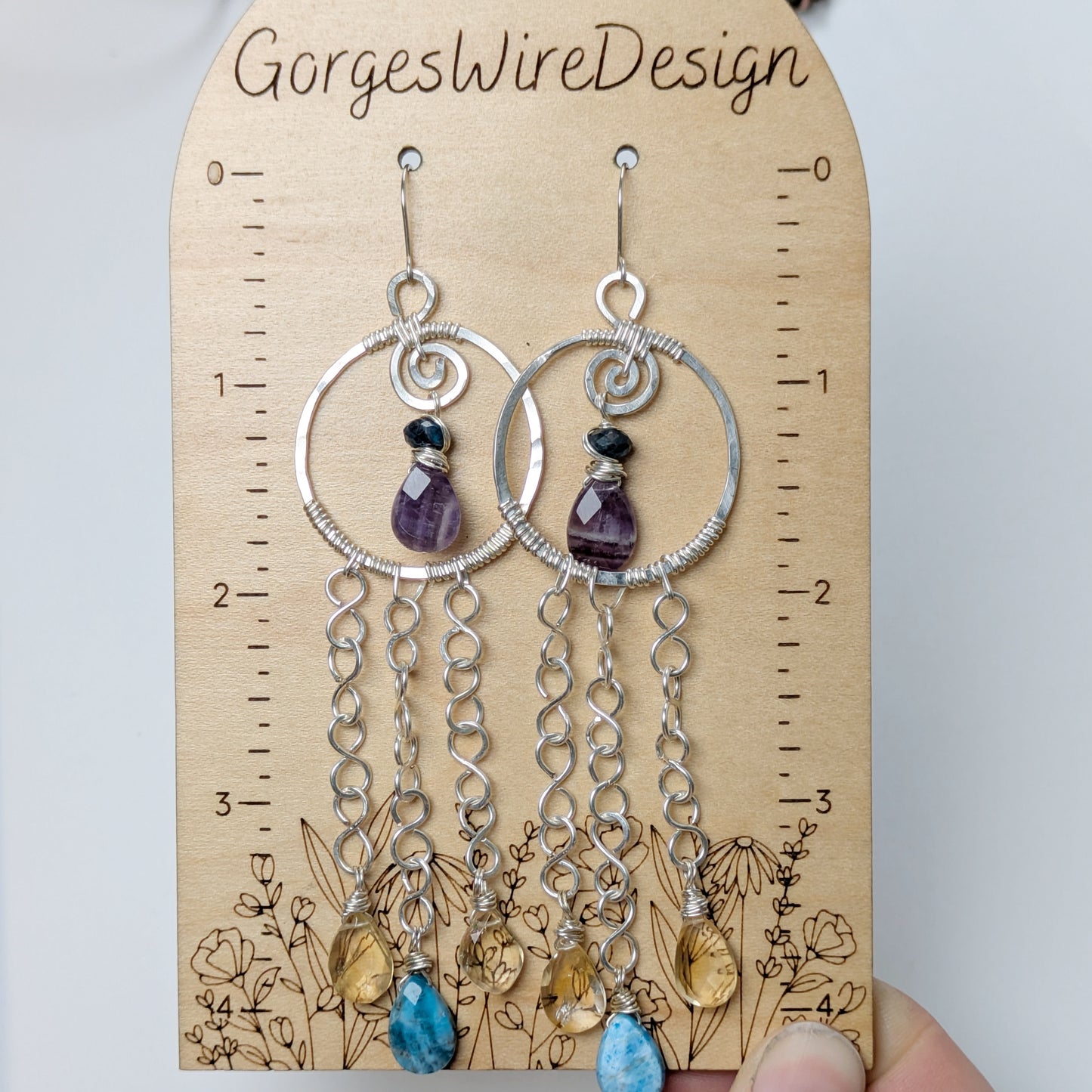 Silver dangle Earrings with Apatite, Citrine, and Amethyst