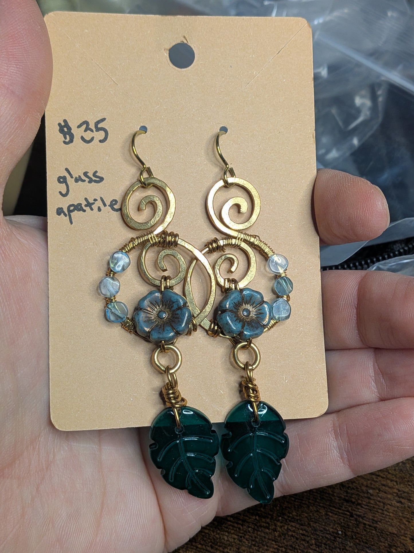 *Clearance* Deep Green Leaf Dangles in Gold Brass