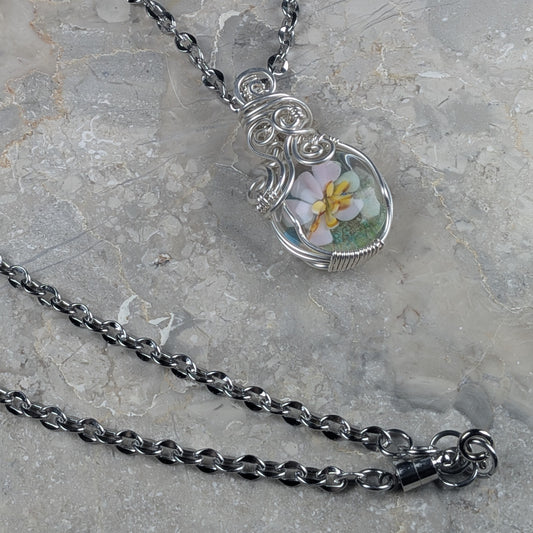 White Floral Lampwork Oval Pendant Necklace