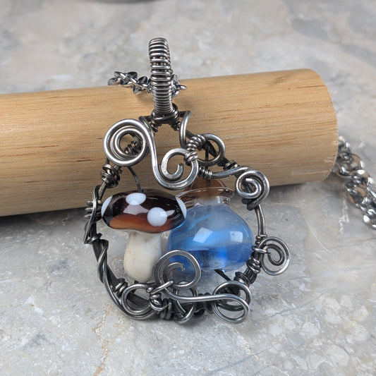 Lampwork Mana Potion & Mushroom Pendant in Gunmetal