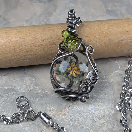 Succulent Lampwork Pendant in Gunmetal