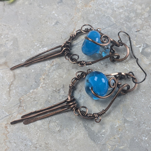 Blue Mana Potion Fringe Earrings | Lampwork Copper Dangle Earrings
