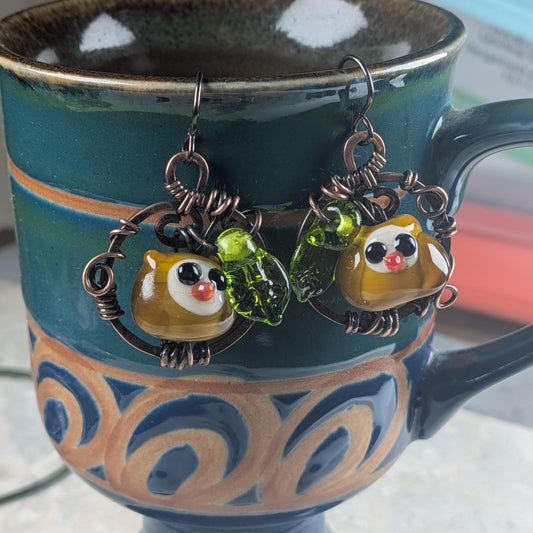 Cute Owl Lampwork Earrings with Bright Handmade Leaves