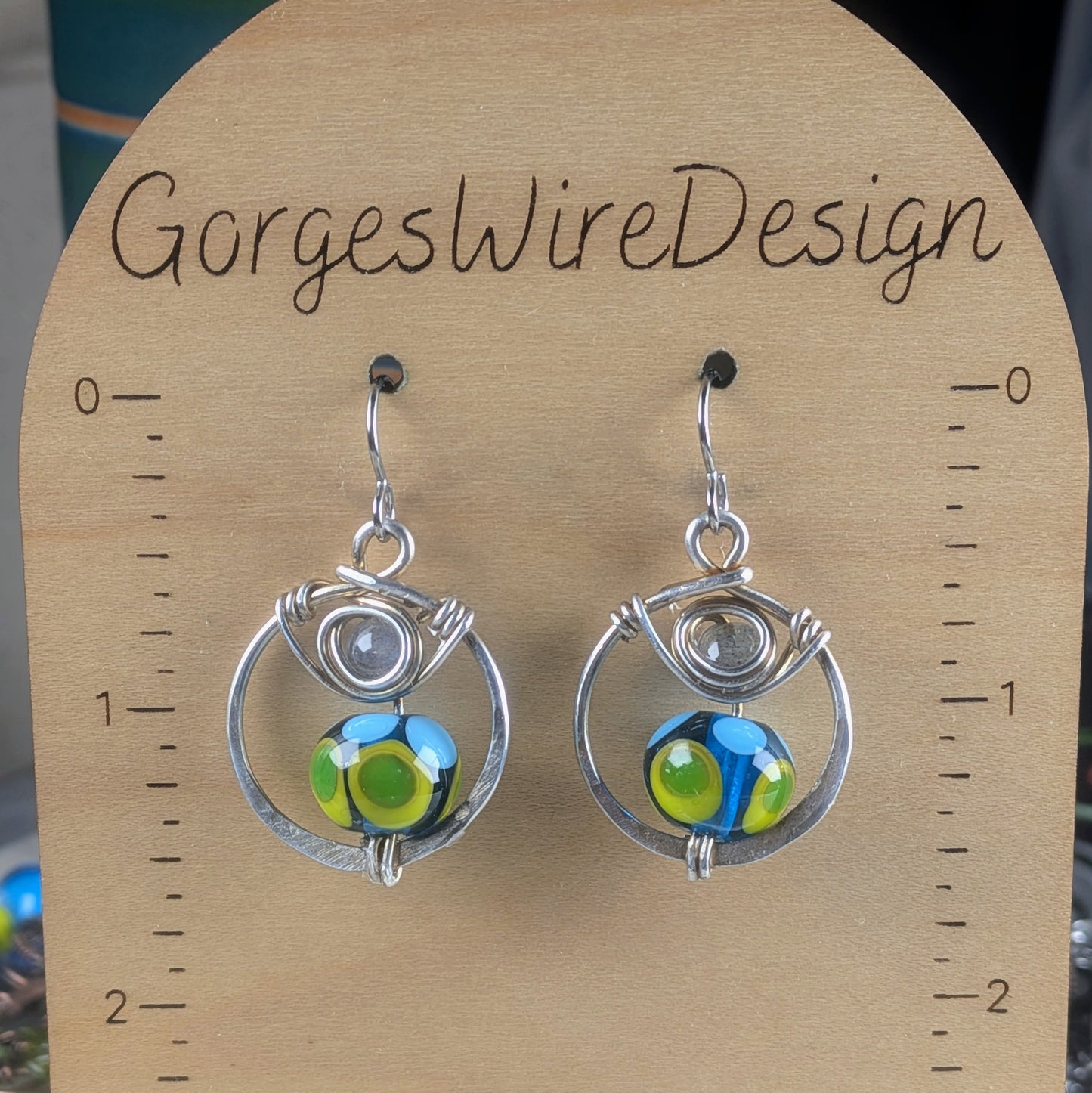 Short Blue Lampwork Bead Earrings with Labradorite