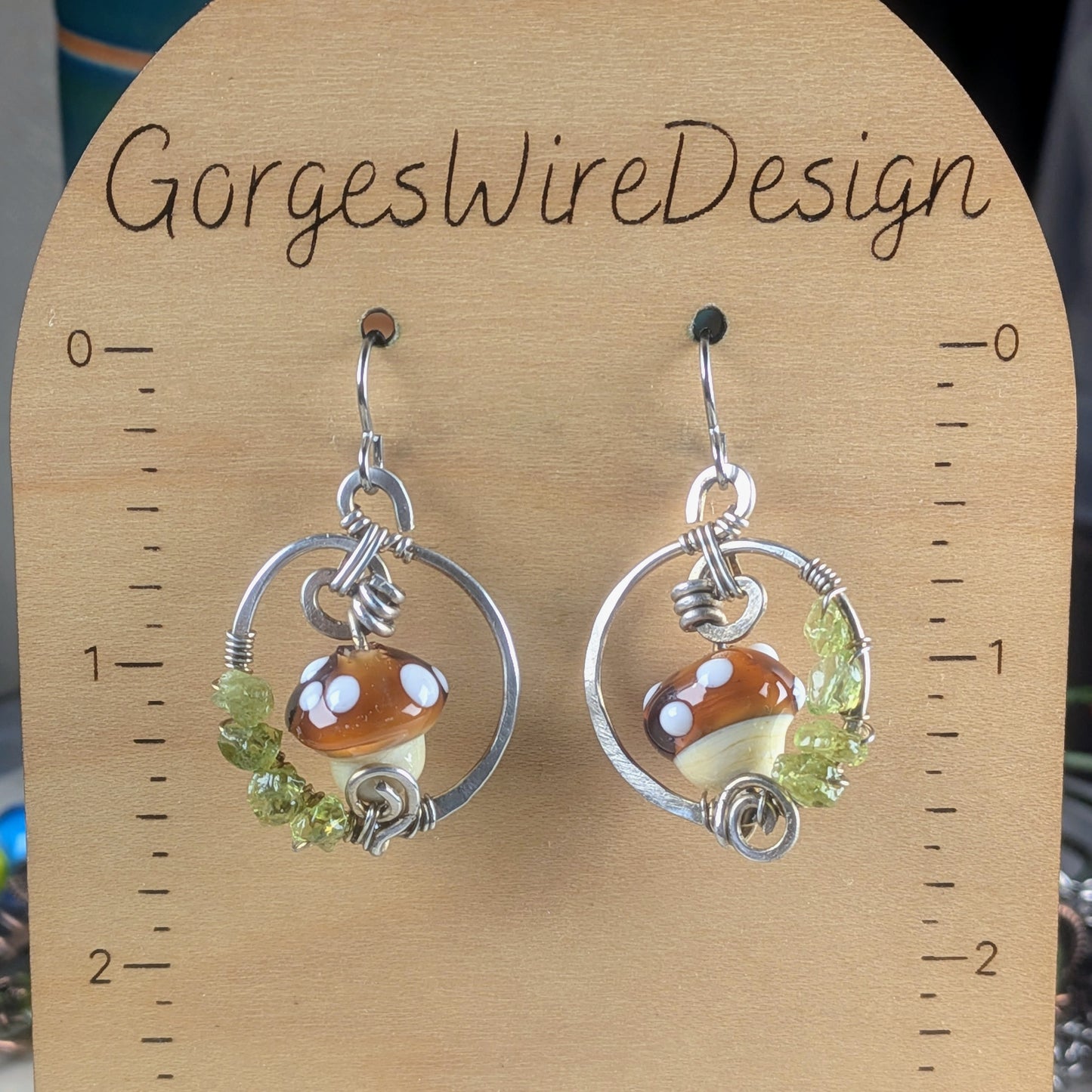 Silver Earrings with Handworked Mushrooms and Peridot