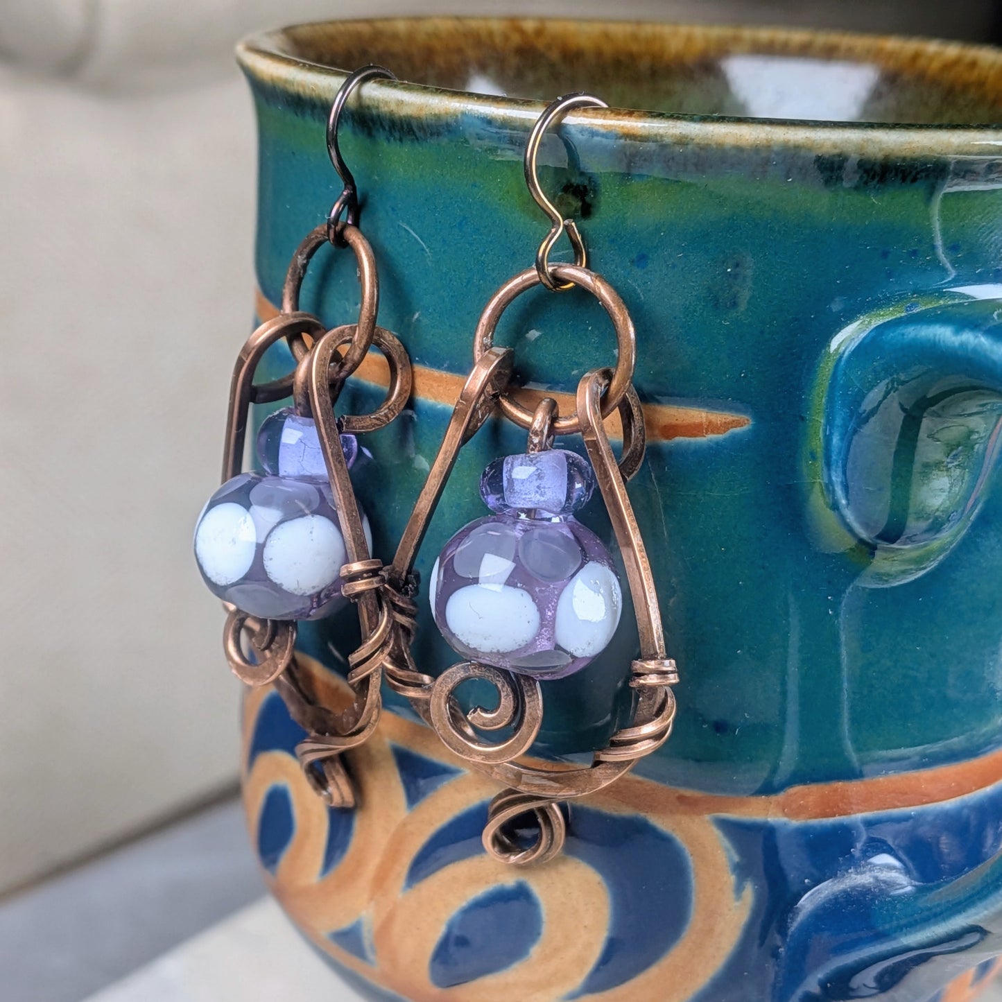 Darkened Copper Dangle Earrings with Handmade Glass Beads