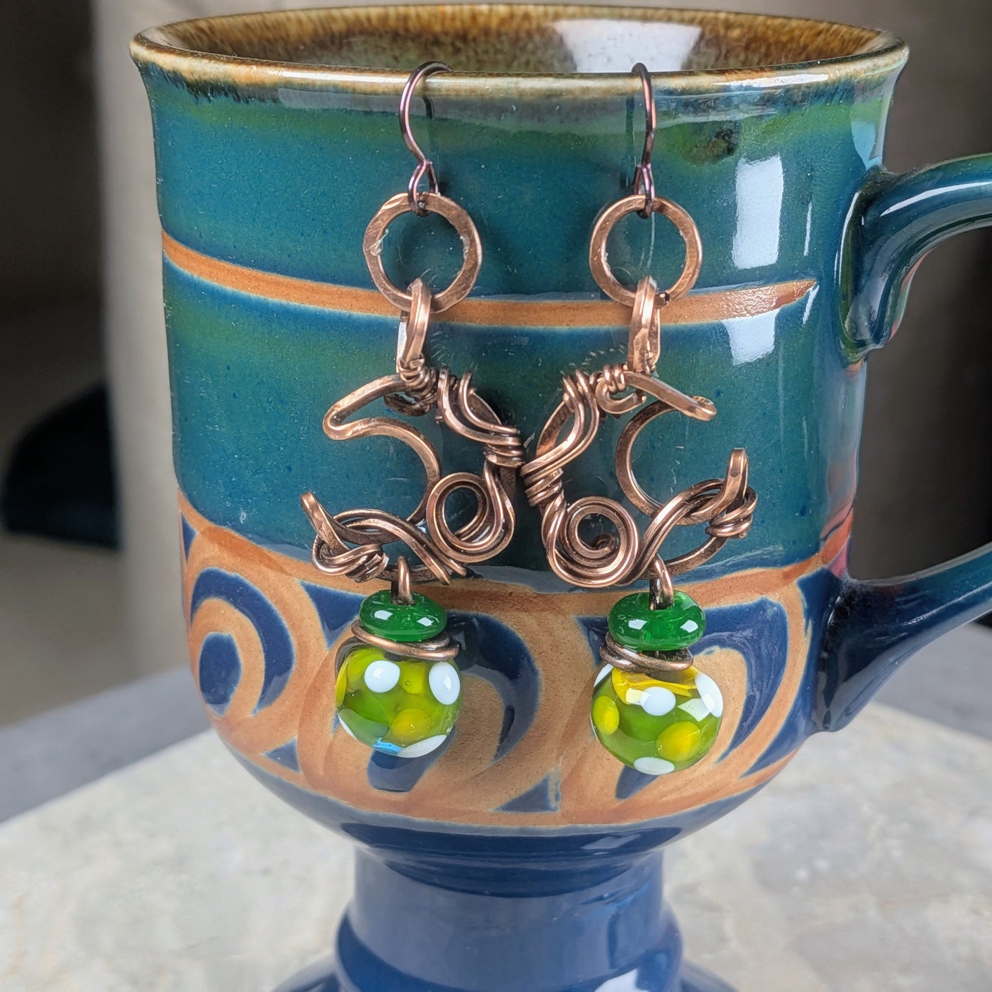 Small Dangling Moon Earrings with Green Lampwork Beads