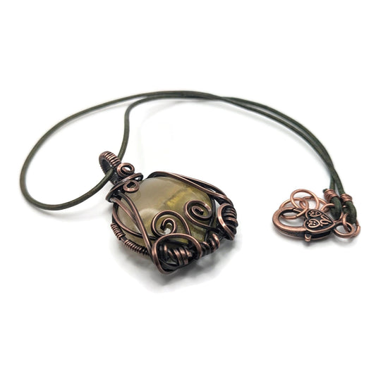 Green Agate Pendant Necklace, Leather cord necklace with Handmade Pendant, Cottagecore Necklace, Green Leather Jewelry Necklace