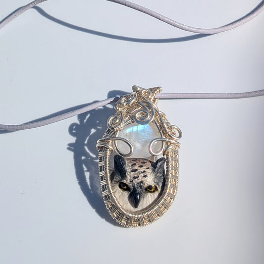 Great Horned Owl Pendant with Rainbow Moonstone