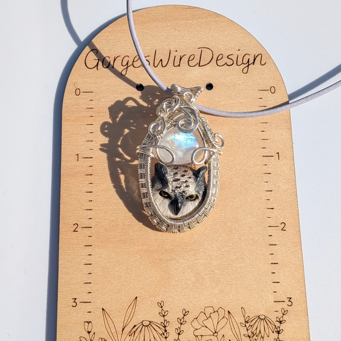 Great Horned Owl Pendant with Rainbow Moonstone