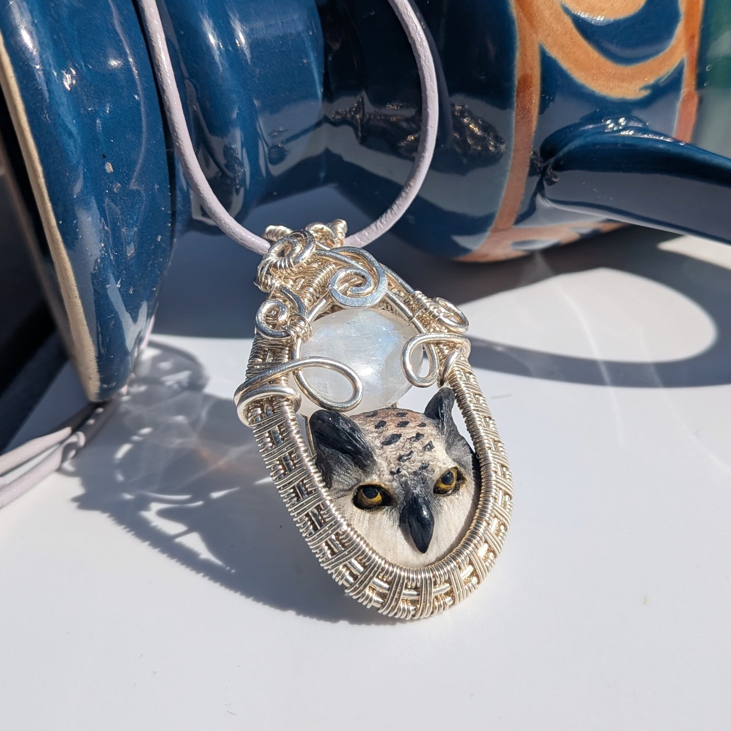 Great Horned Owl Pendant with Rainbow Moonstone