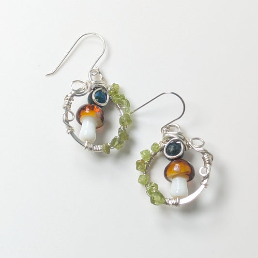Silver Mushroom Earrings with Peridot