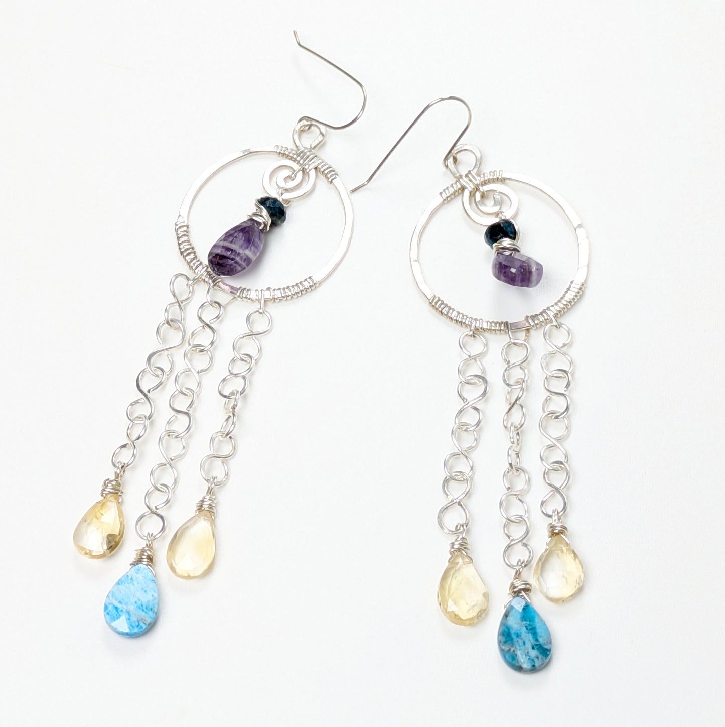 Silver dangle Earrings with Apatite, Citrine, and Amethyst