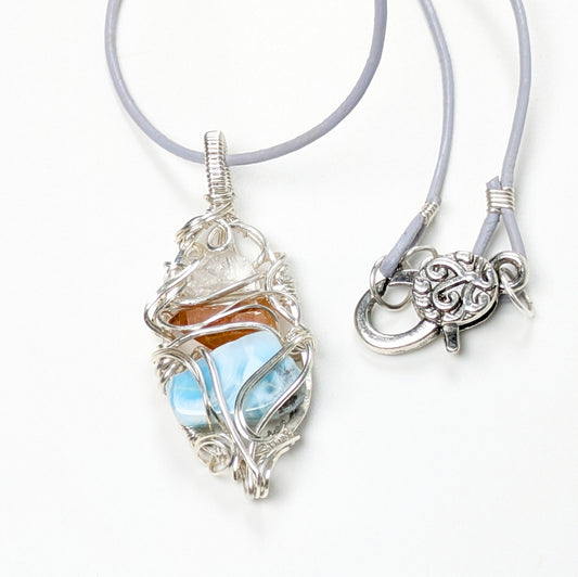 Multi-Stone Pendant with Larimar, Quartz, and Herkimer Diamond