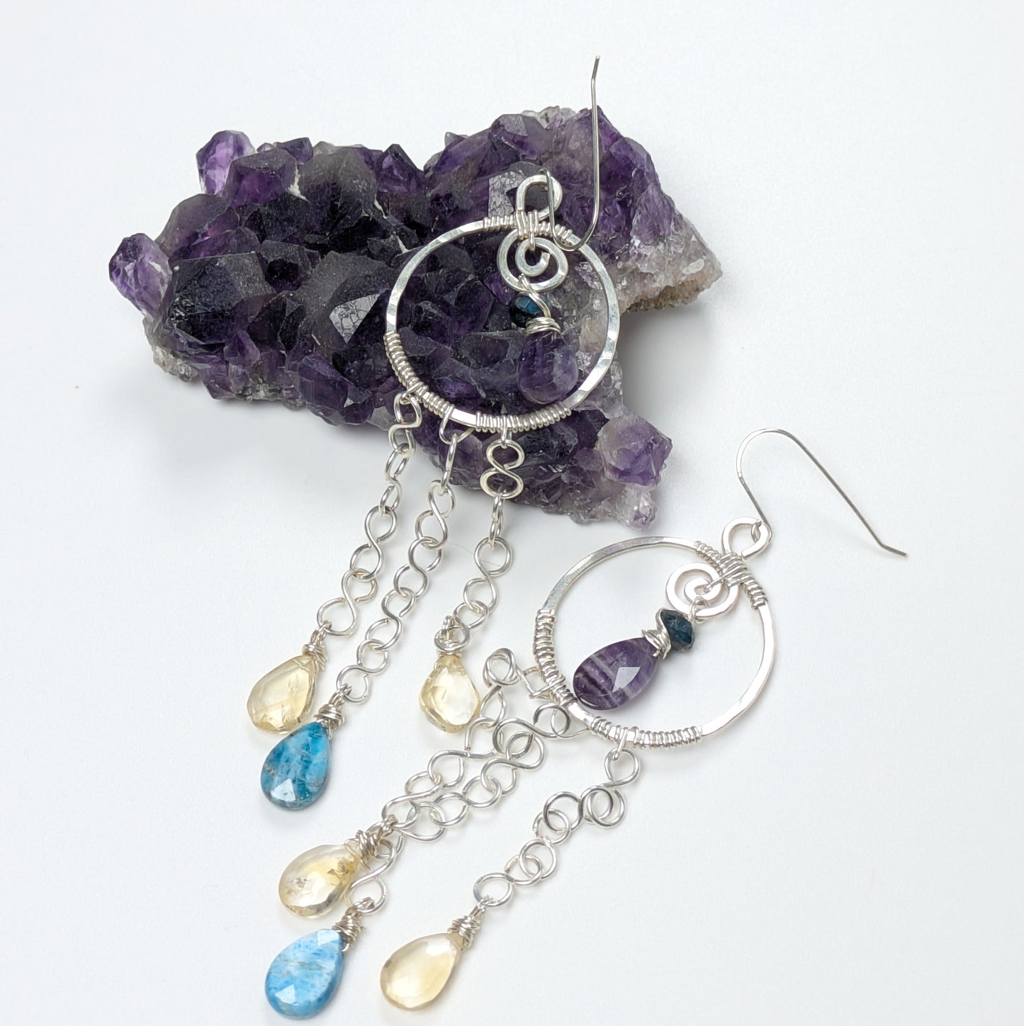 Silver dangle Earrings with Apatite, Citrine, and Amethyst