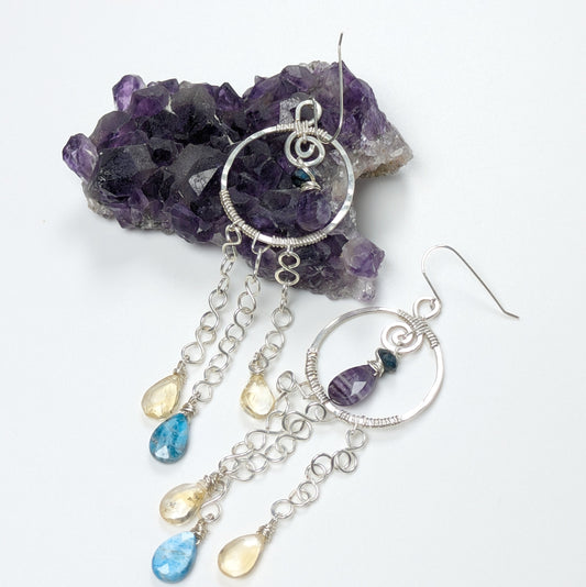Silver dangle Earrings with Apatite, Citrine, and Amethyst