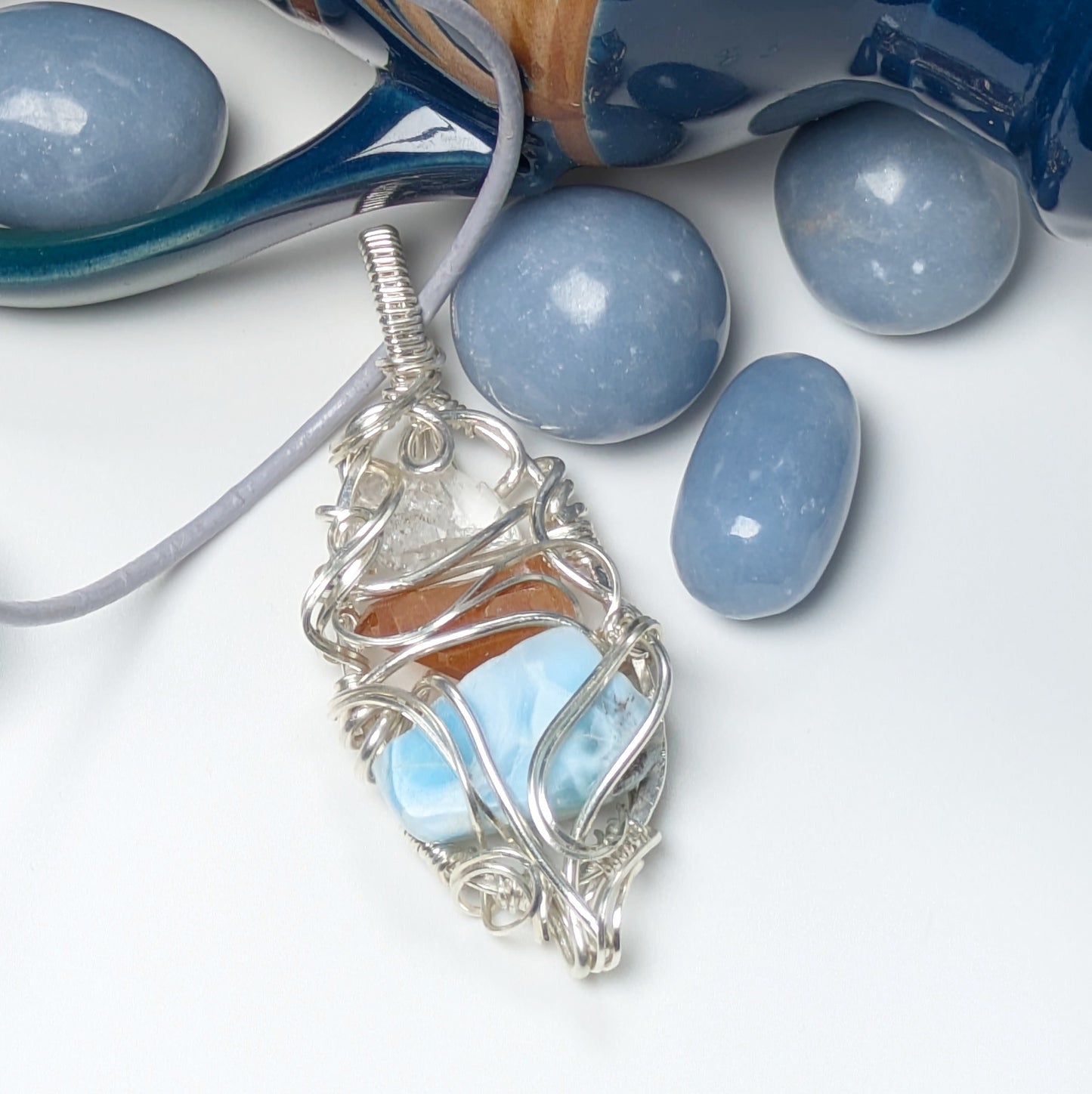 Multi-Stone Pendant with Larimar, Quartz, and Herkimer Diamond