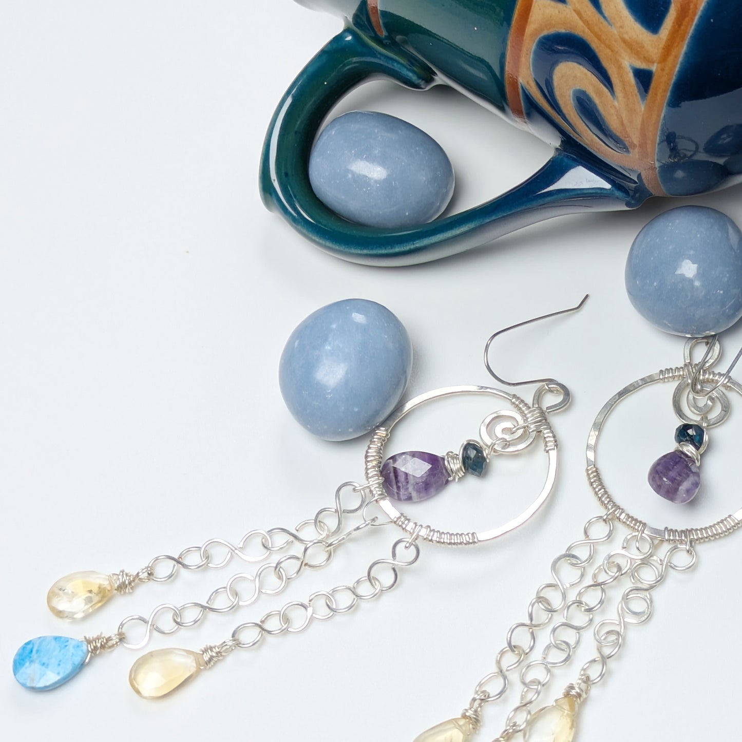 Silver dangle Earrings with Apatite, Citrine, and Amethyst