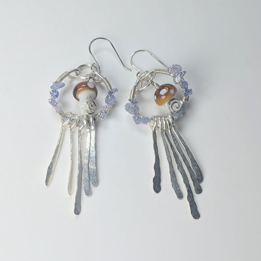 Silver Mushroom Paddle Earrings with Tanzanite