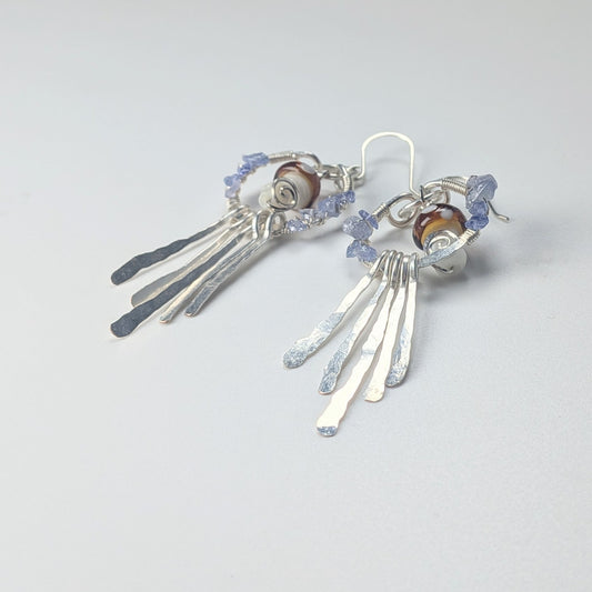Silver Mushroom Paddle Earrings with Tanzanite