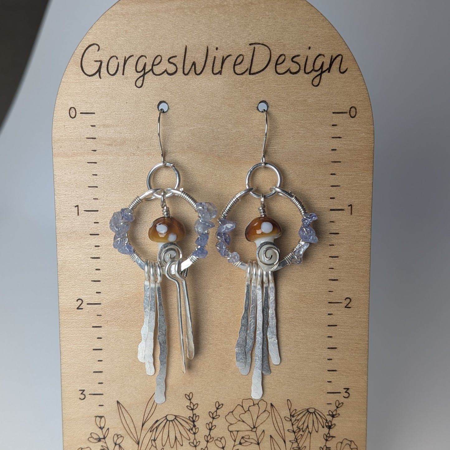 Silver Mushroom Paddle Earrings with Tanzanite