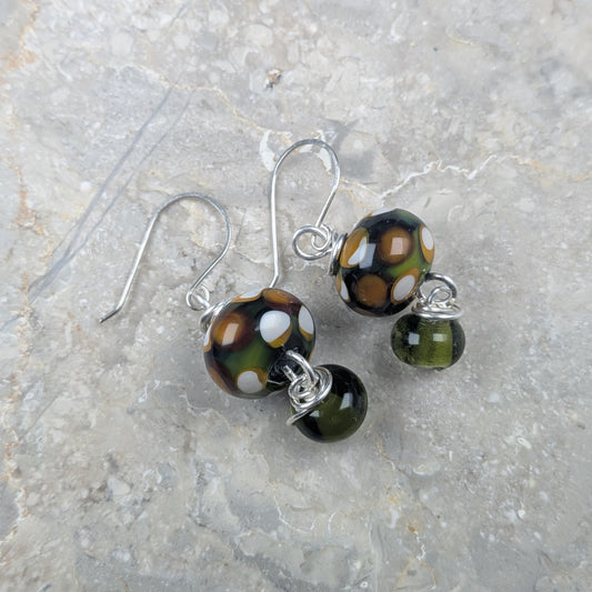 Green and Black Dotty Lampwork Earrings