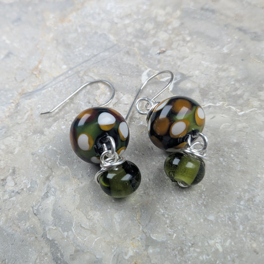 Green and Black Dotty Lampwork Earrings