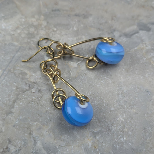 Gold Brass Earrings with Vibrant Blue Lamp Work Beads