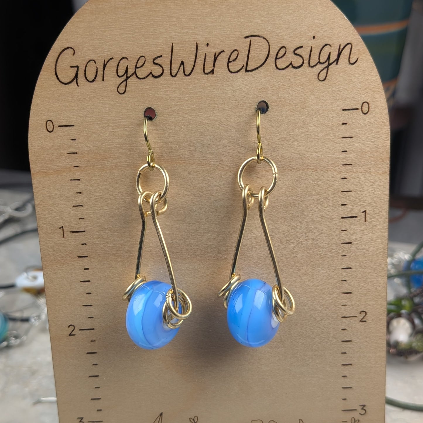 Gold Brass Earrings with Vibrant Blue Lamp Work Beads