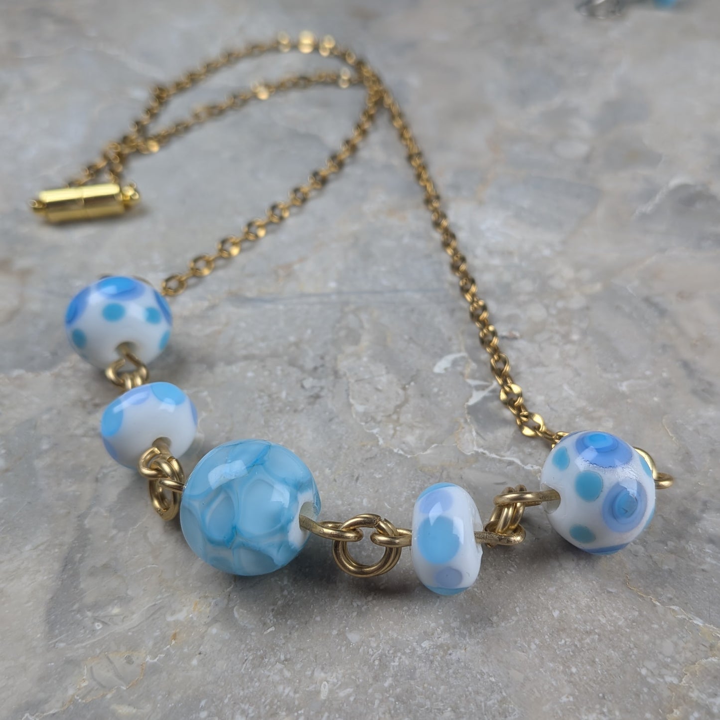 Blue Polka Dot Lampwork Bead Station Necklace
