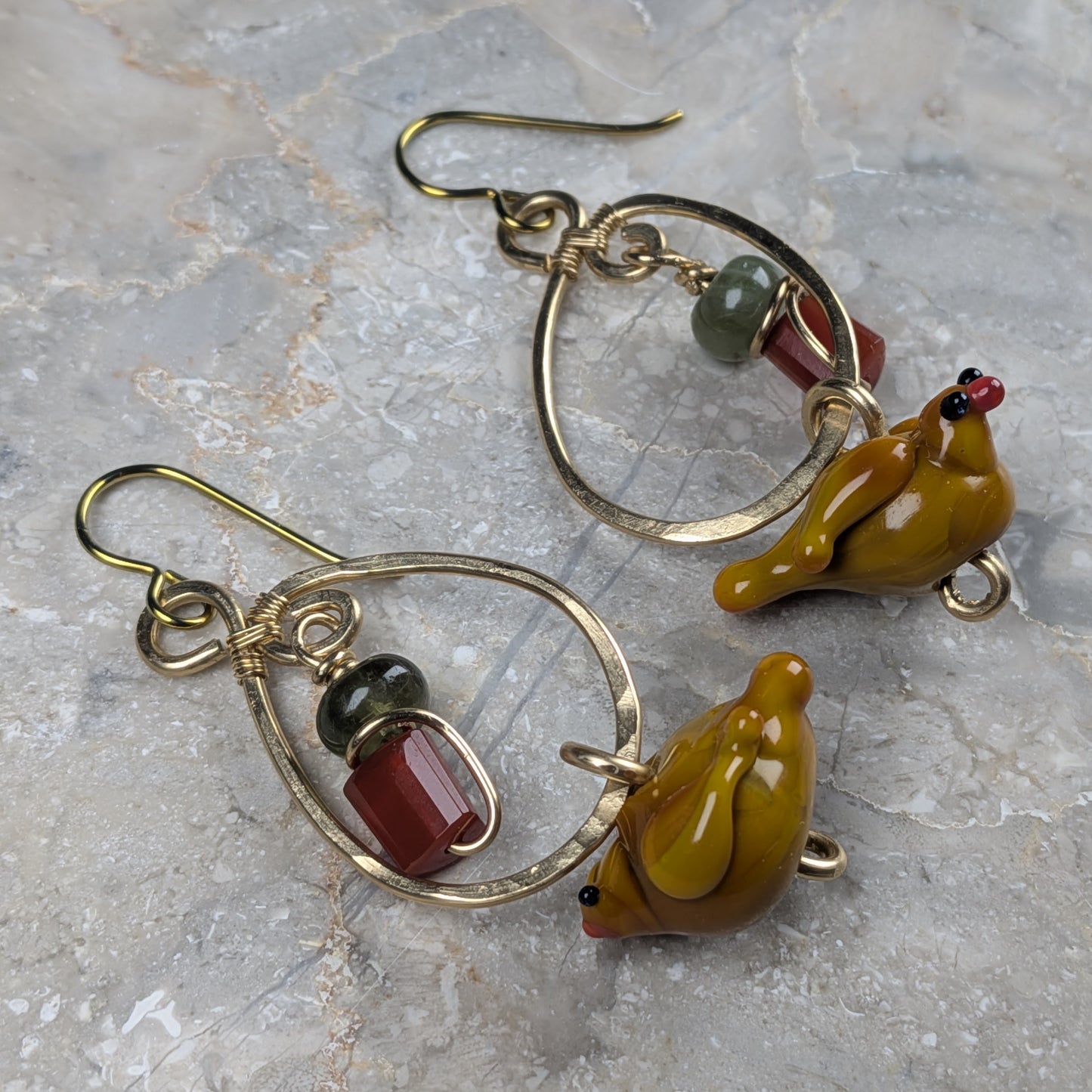 Handmade Lampwork Bird Earrings with Carnelian and Green Apatite Beads