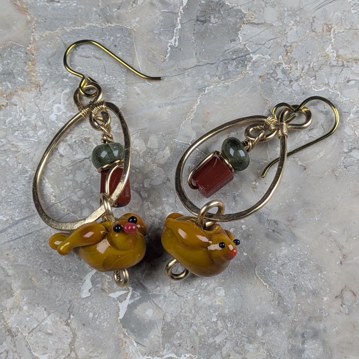 Handmade Lampwork Bird Earrings with Carnelian and Green Apatite Beads