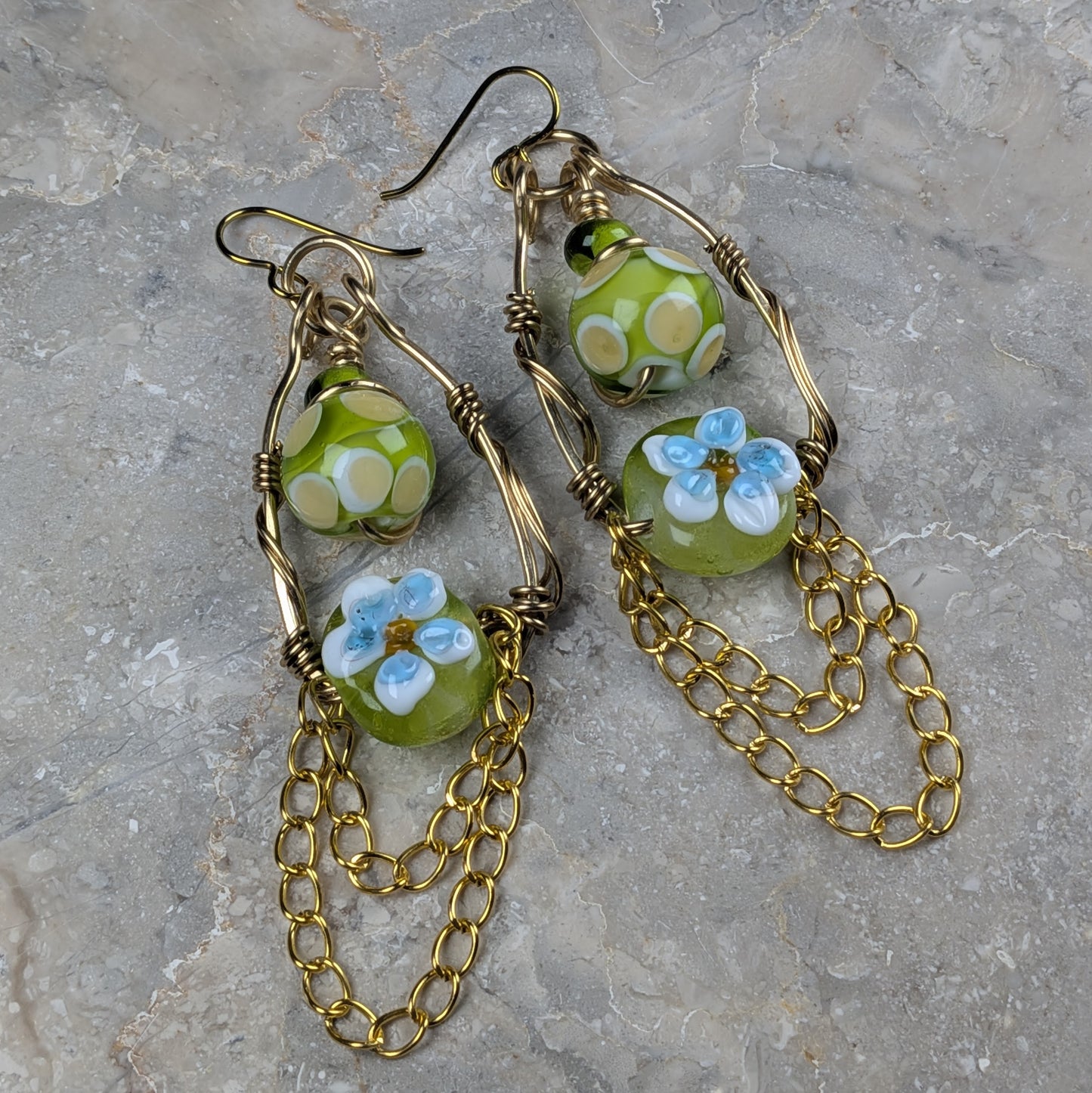 Green Floral Lampwork Chain Earrings