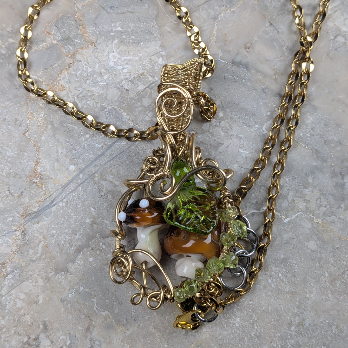 Mushroom Forest Wire Wrapped Pendant Necklace