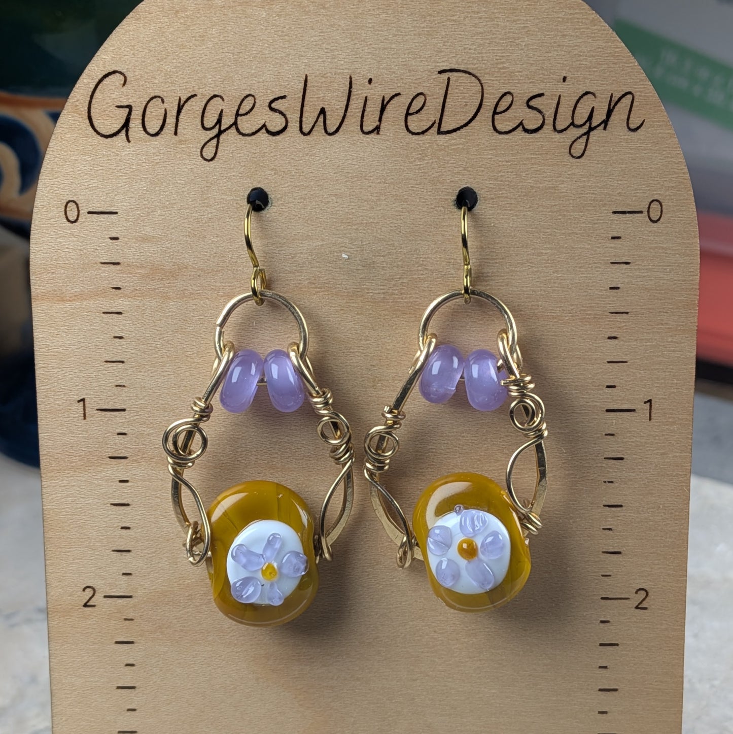 Lampwork Flower Earrings –  Mustard Yellow and Lavender