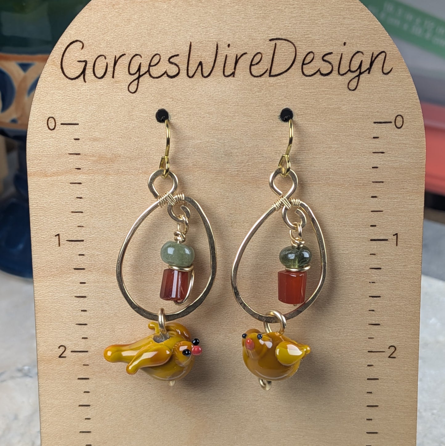 Handmade Lampwork Bird Earrings with Carnelian and Green Apatite Beads