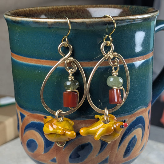 Handmade Lampwork Bird Earrings with Carnelian and Green Apatite Beads