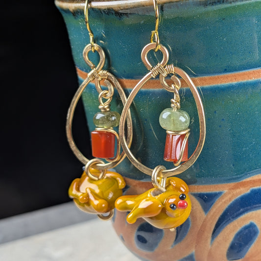 Handmade Lampwork Bird Earrings with Carnelian and Green Apatite Beads
