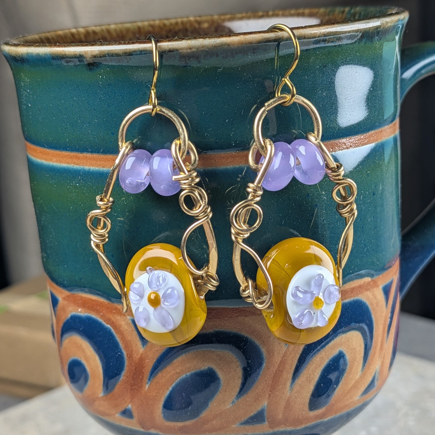 Lampwork Flower Earrings –  Mustard Yellow and Lavender
