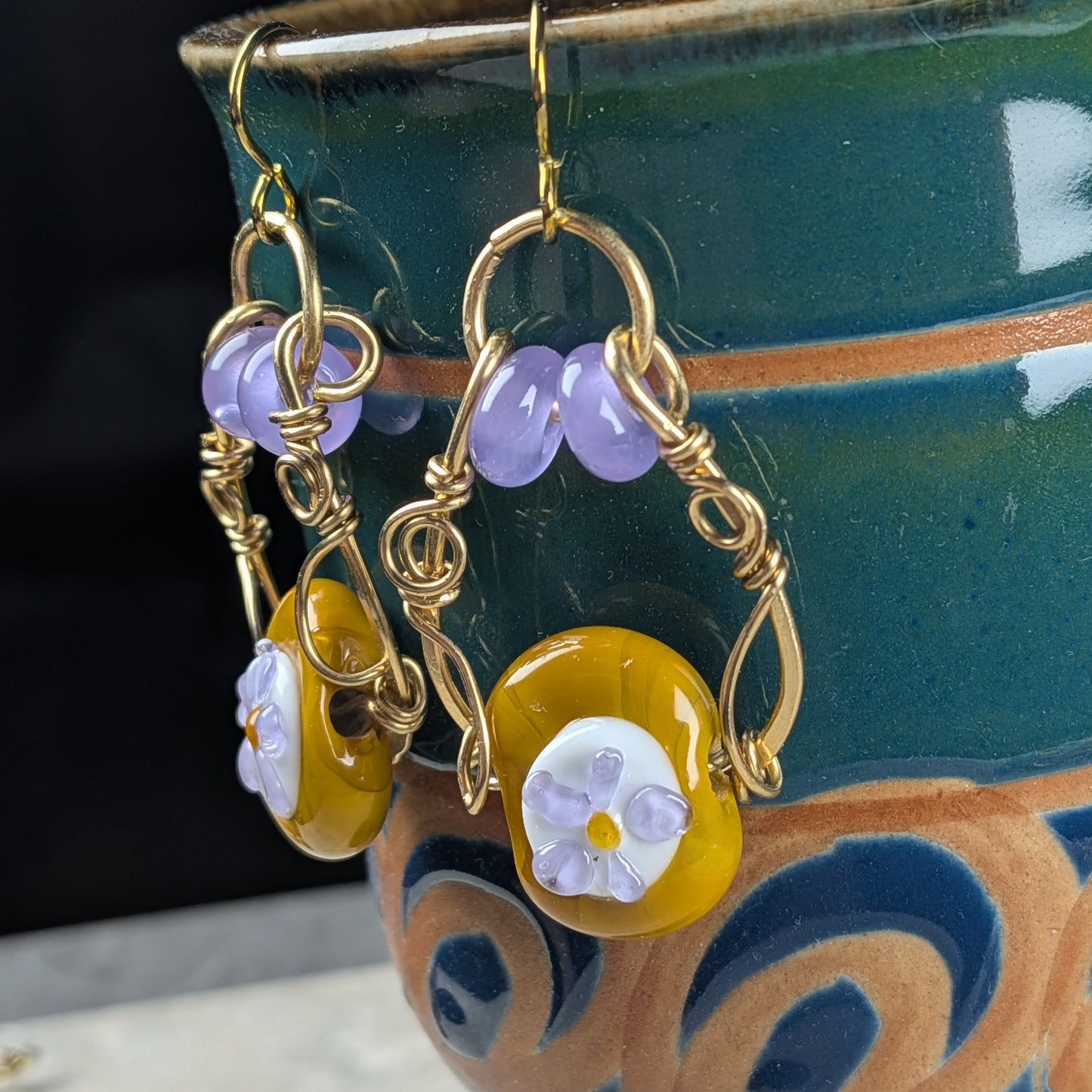 Lampwork Flower Earrings –  Mustard Yellow and Lavender
