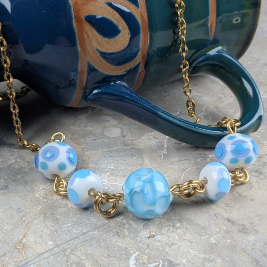 Blue Polka Dot Lampwork Bead Station Necklace