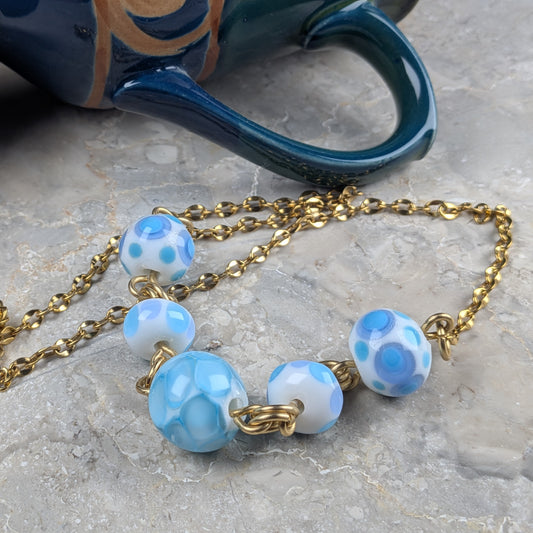Blue Polka Dot Lampwork Bead Station Necklace
