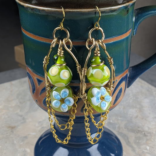Green Floral Lampwork Chain Earrings