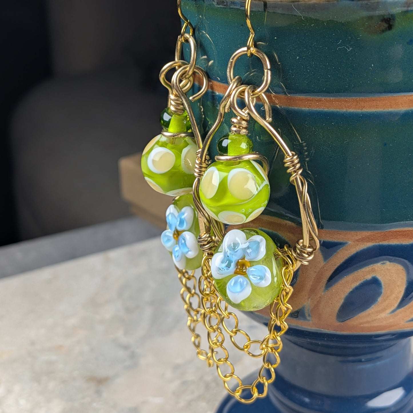 Green Floral Lampwork Chain Earrings