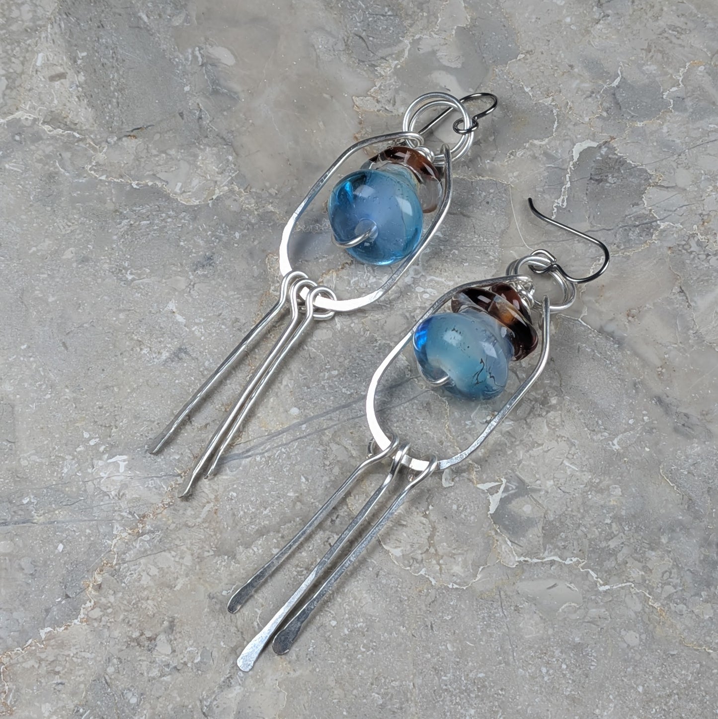 Silver Wire Wrapped Blue "Mana Potion" Glass Earrings