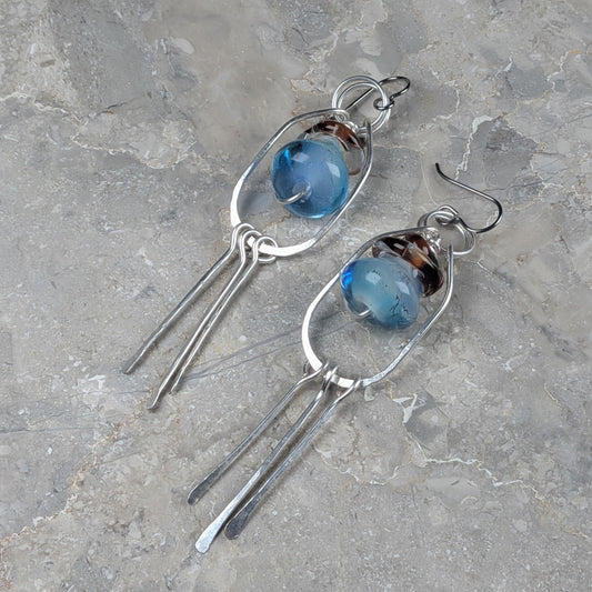 Silver Wire Wrapped Blue "Mana Potion" Glass Earrings