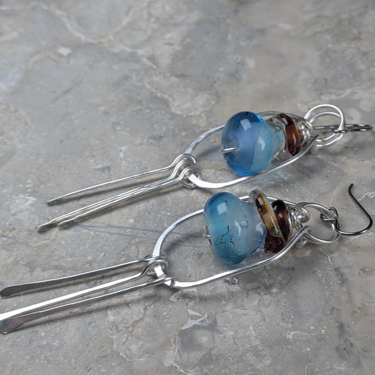 Silver Wire Wrapped Blue "Mana Potion" Glass Earrings