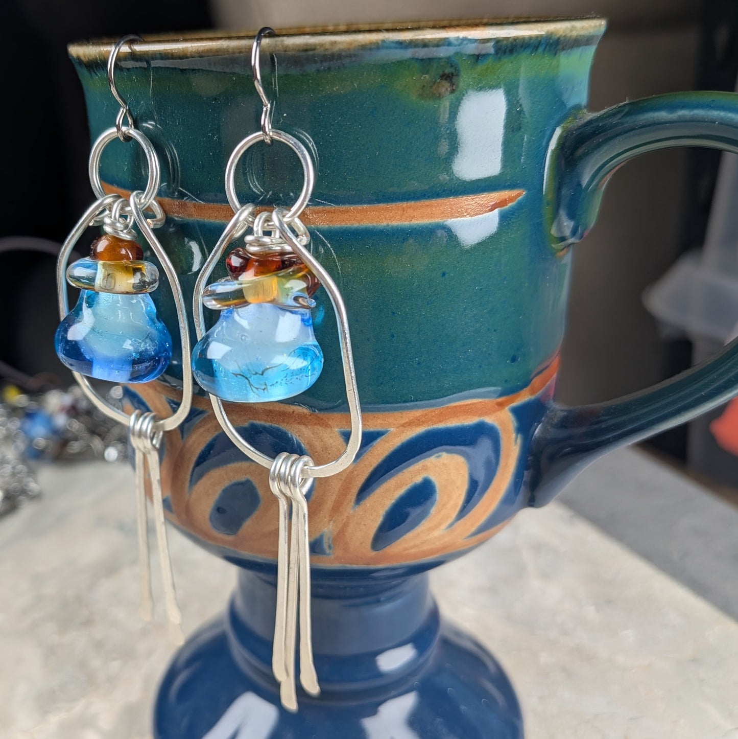 Silver Wire Wrapped Blue "Mana Potion" Glass Earrings