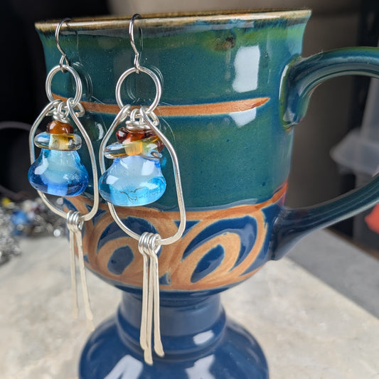 Silver Wire Wrapped Blue "Mana Potion" Glass Earrings